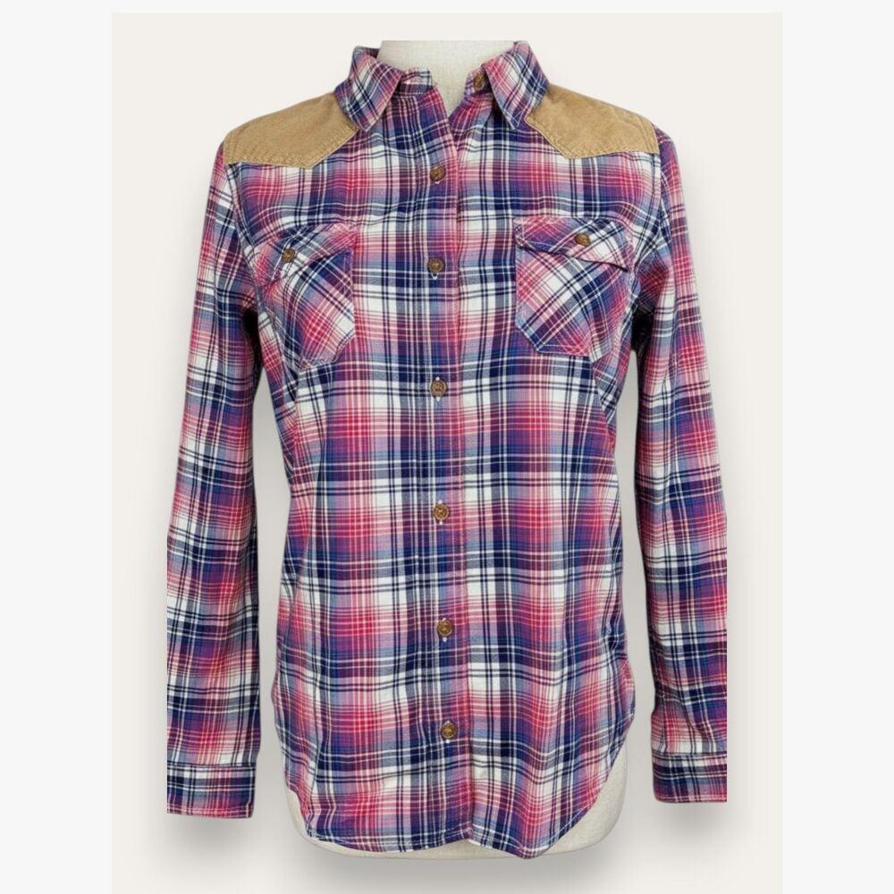 Forever 21 Plaid Western Boho Shirt Shoulder Patches Cowgirl Ranch Rodeo Sm